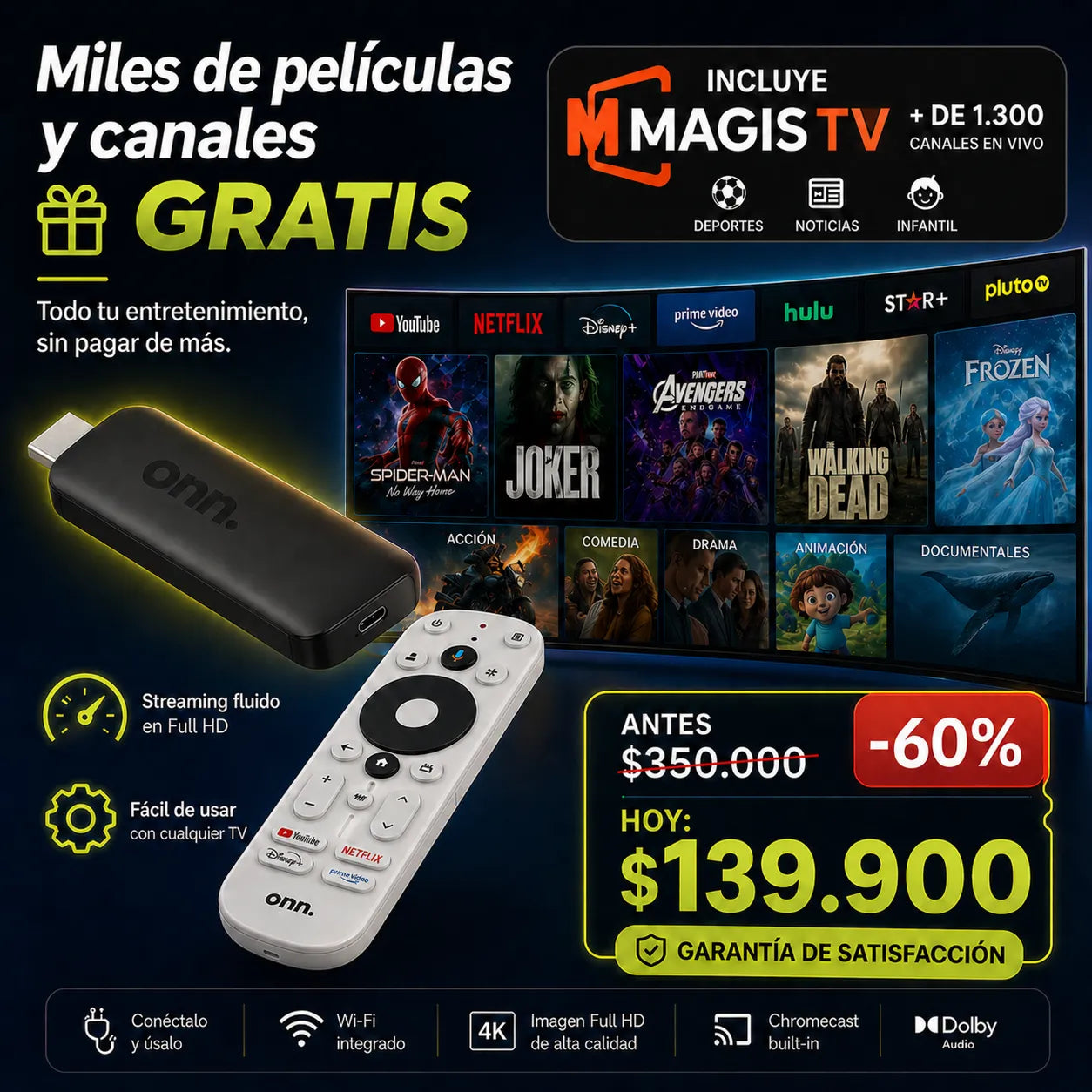 Decodificador SmarTV 4K - Dispositivo de Streaming Onn Google TV