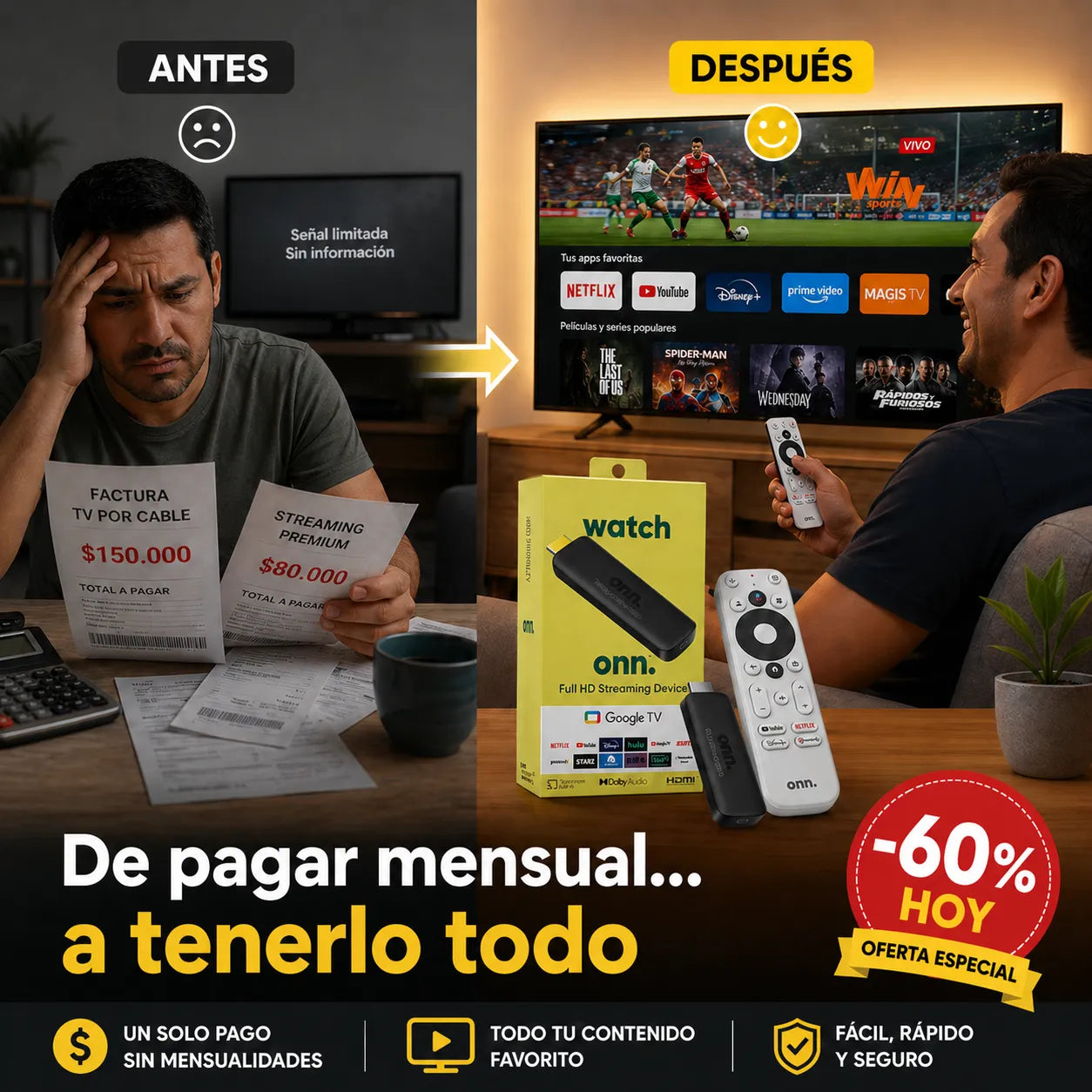 Decodificador SmarTV 4K - Dispositivo de Streaming Onn Google TV
